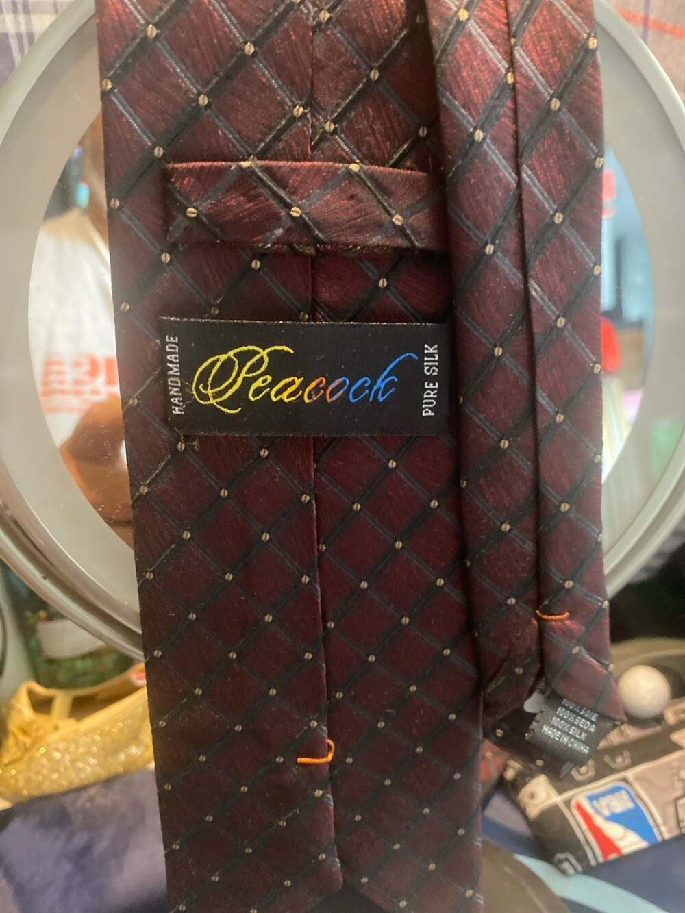 Peacock Handmade 100% Pure Silk Burgundy Diamond Grid Pattern Necktie